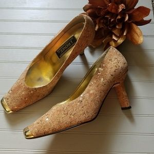 Vintage J. Renee Cork Gold Leather Pumps